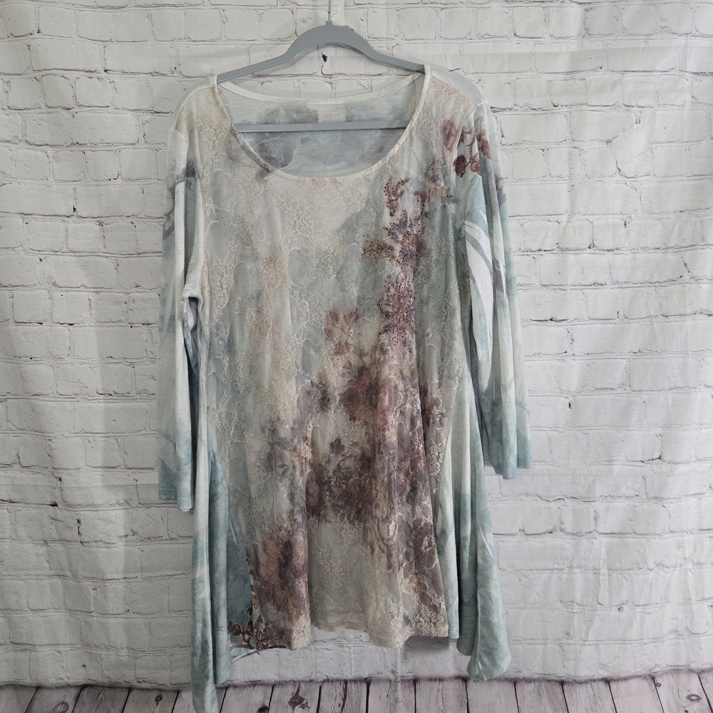 Cal Style Micro Mesh Lace Floral Tunic XL Asymmetrical Fairy Lagenlook Art Wear